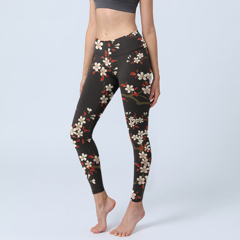 Buddha Stones Weiße Kirschblüten Rote Blätter Print Gym Leggings Damen Yogahose - Schwarz - US18, UK/AU22, EU50 (4XL) - image 0