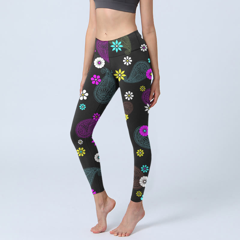 Buddha Stones Bunte Cashew-Blumen-Druck-Gym-Leggings für Damen, Yoga-Hose - Schwarz - US18， UK/AU22，EU50 (4XL) - image 1
