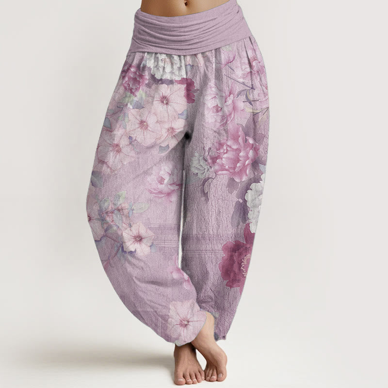 Buddha Stones Damen-Haremshose mit elastischer Taille und Pfingstrosen-Blumenmuster, reine Baumwolle