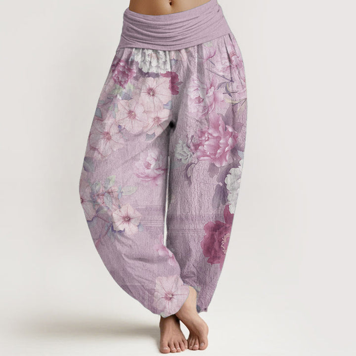 Buddha Stones Damen-Haremshose mit elastischer Taille und Pfingstrosen-Blumenmuster, reine Baumwolle