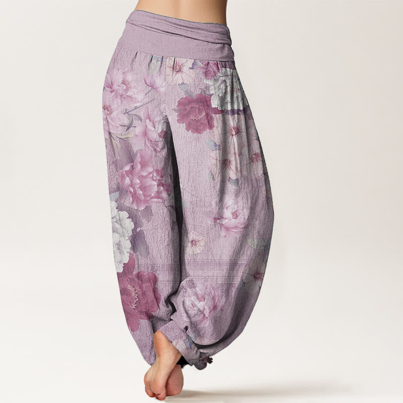 Buddha Stones Damen-Haremshose mit elastischer Taille und Pfingstrosen-Blumenmuster, reine Baumwolle