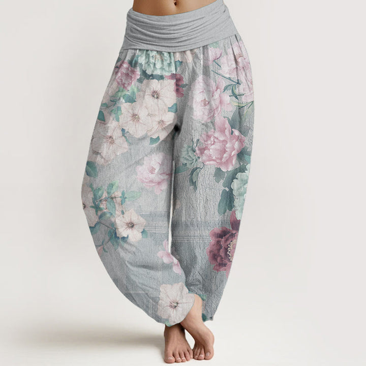 Buddha Stones Damen-Haremshose mit elastischer Taille und Pfingstrosen-Blumenmuster, reine Baumwolle