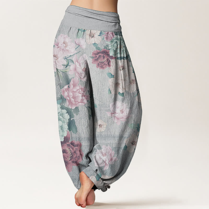 Buddha Stones Damen-Haremshose mit elastischer Taille und Pfingstrosen-Blumenmuster, reine Baumwolle