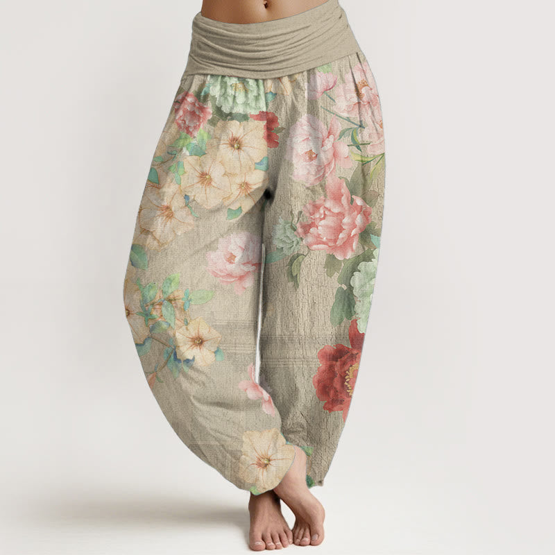 Buddha Stones Damen-Haremshose mit elastischer Taille und Pfingstrosen-Blumenmuster, reine Baumwolle