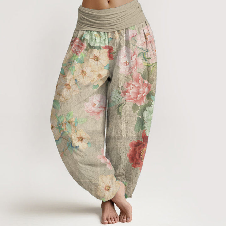Buddha Stones Damen-Haremshose mit elastischer Taille und Pfingstrosen-Blumenmuster, reine Baumwolle