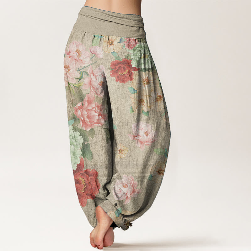Buddha Stones Damen-Haremshose mit elastischer Taille und Pfingstrosen-Blumenmuster, reine Baumwolle
