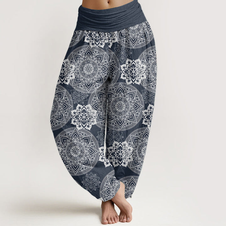Buddha Stones Damen-Haremshose aus reiner Baumwolle mit rundem Mandala-Blumen-Design und elastischer Taille