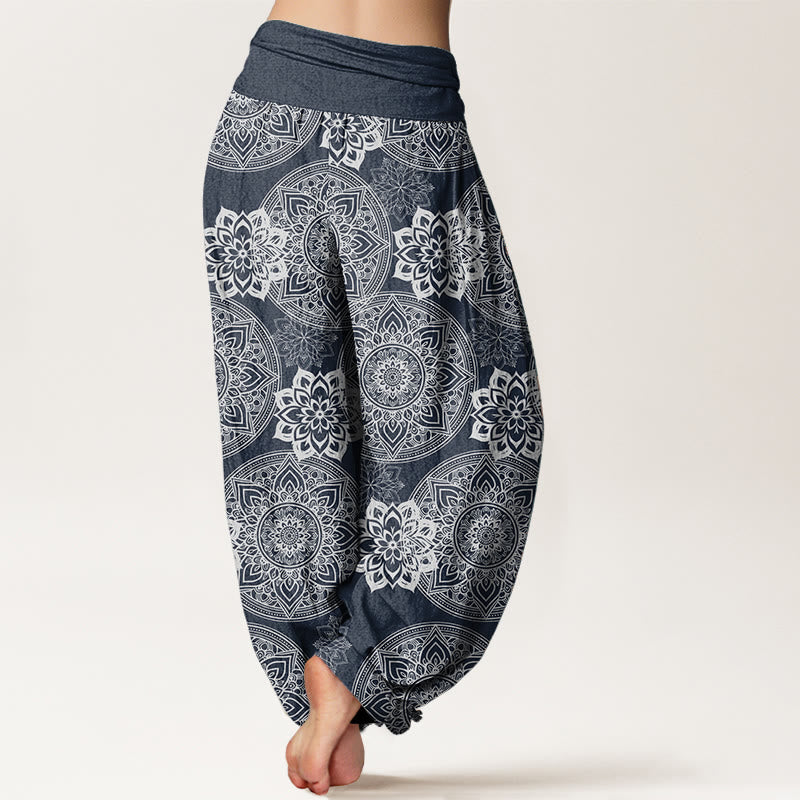 Buddha Stones Damen-Haremshose aus reiner Baumwolle mit rundem Mandala-Blumen-Design und elastischer Taille