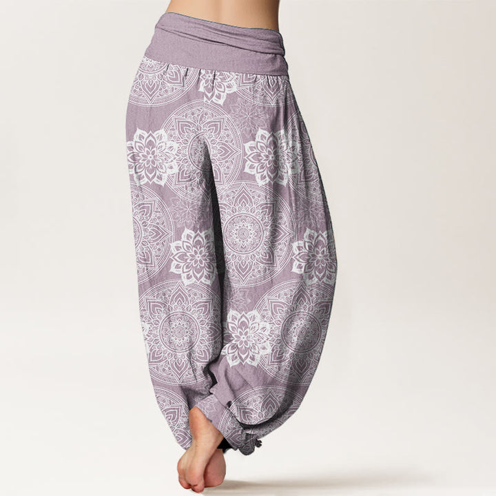 Buddha Stones Damen-Haremshose aus reiner Baumwolle mit rundem Mandala-Blumen-Design und elastischer Taille