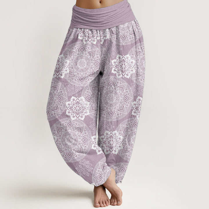 Buddha Stones Damen-Haremshose aus reiner Baumwolle mit rundem Mandala-Blumen-Design und elastischer Taille