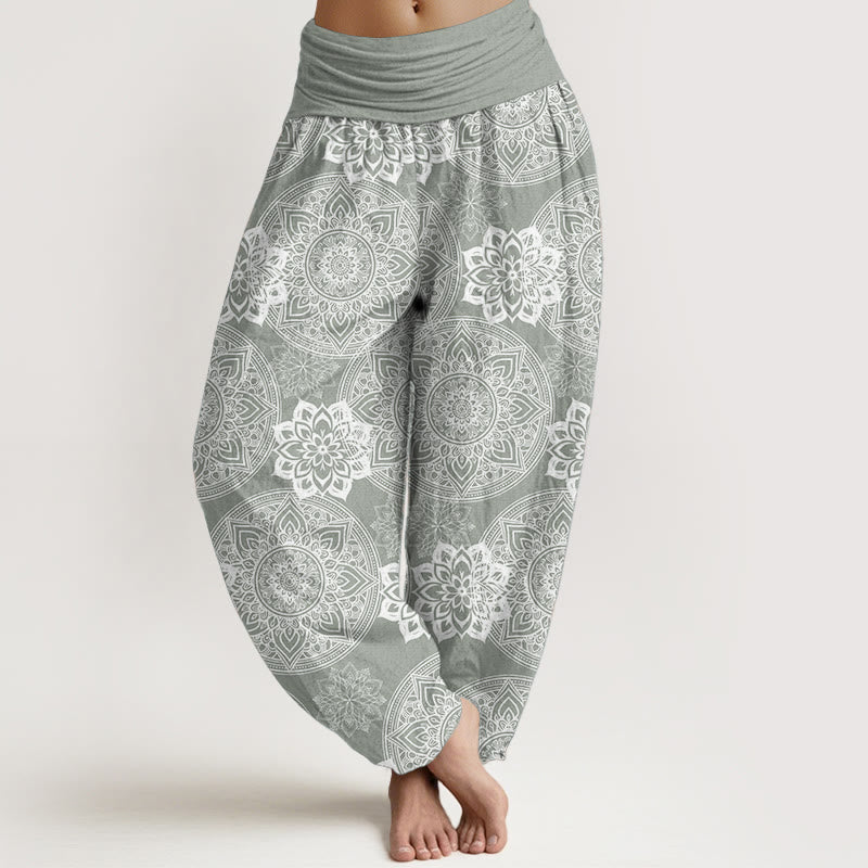 Buddha Stones Damen-Haremshose aus reiner Baumwolle mit rundem Mandala-Blumen-Design und elastischer Taille