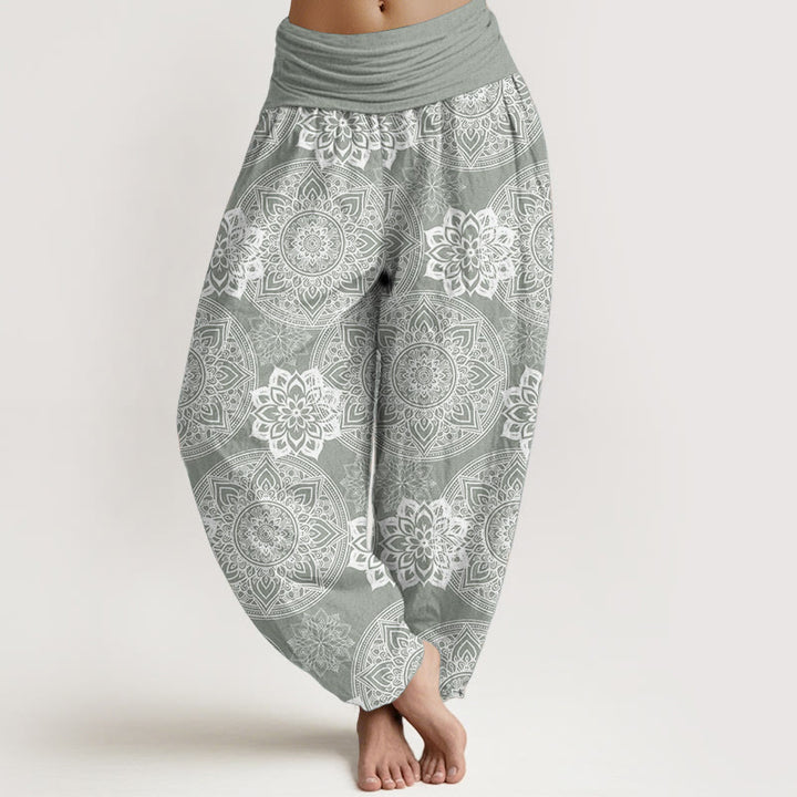 Buddha Stones Damen-Haremshose aus reiner Baumwolle mit rundem Mandala-Blumen-Design und elastischer Taille