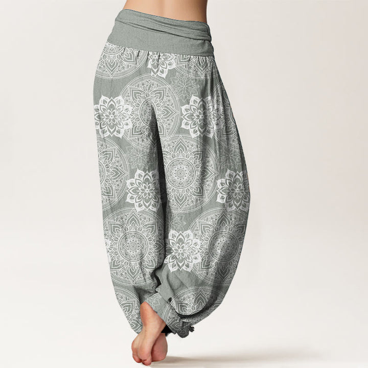 Buddha Stones Damen-Haremshose aus reiner Baumwolle mit rundem Mandala-Blumen-Design und elastischer Taille
