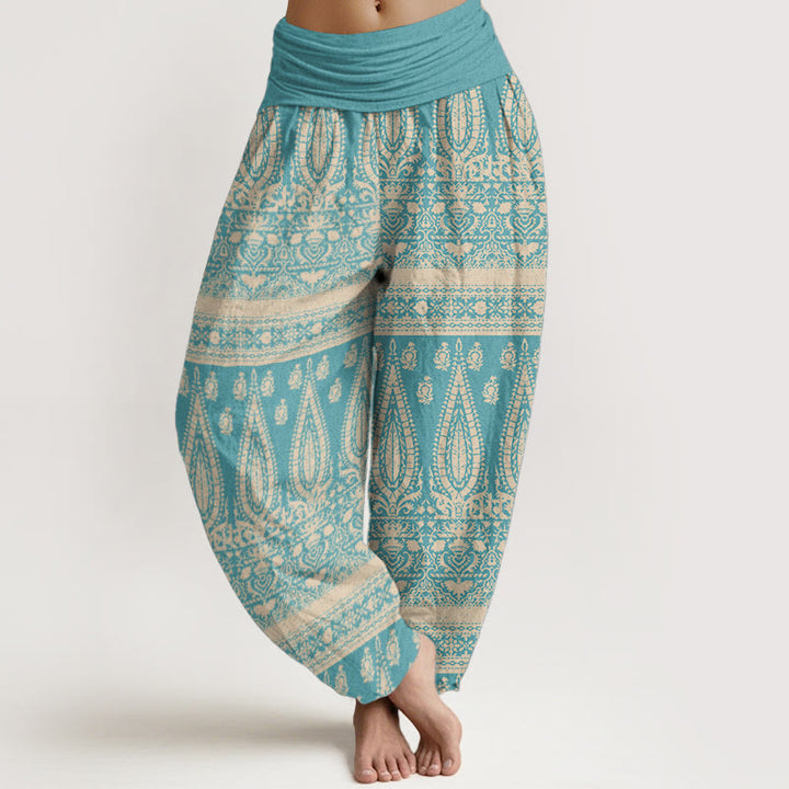 Buddha Stones Damen Haremshose aus reiner Baumwolle mit Federstreifen-Design und elastischer Taille