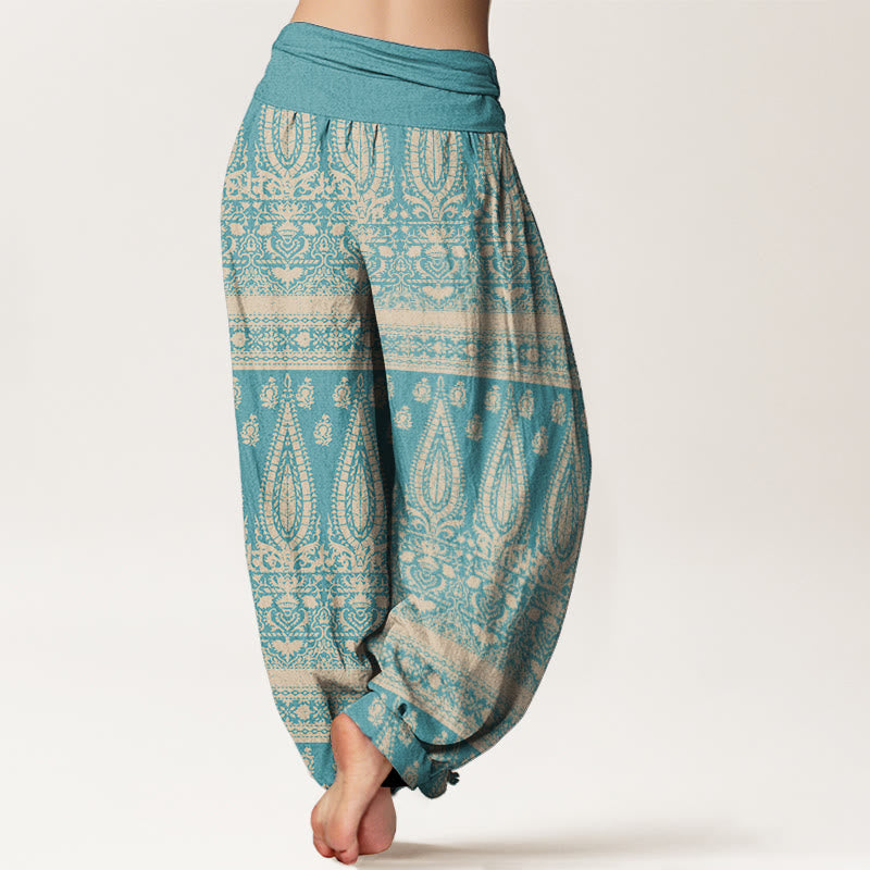 Buddha Stones Damen Haremshose aus reiner Baumwolle mit Federstreifen-Design und elastischer Taille