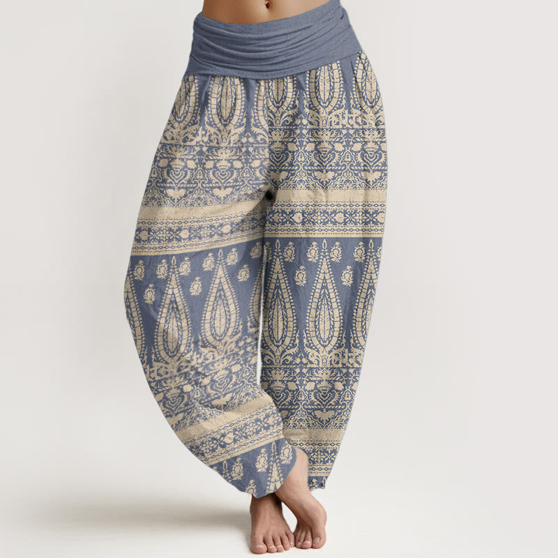 Buddha Stones Damen Haremshose aus reiner Baumwolle mit Federstreifen-Design und elastischer Taille