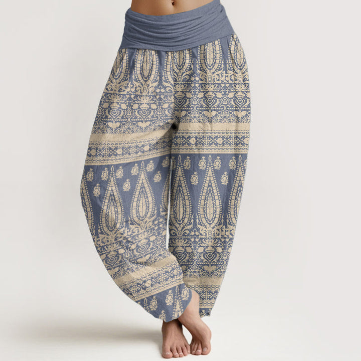 Buddha Stones Damen Haremshose aus reiner Baumwolle mit Federstreifen-Design und elastischer Taille