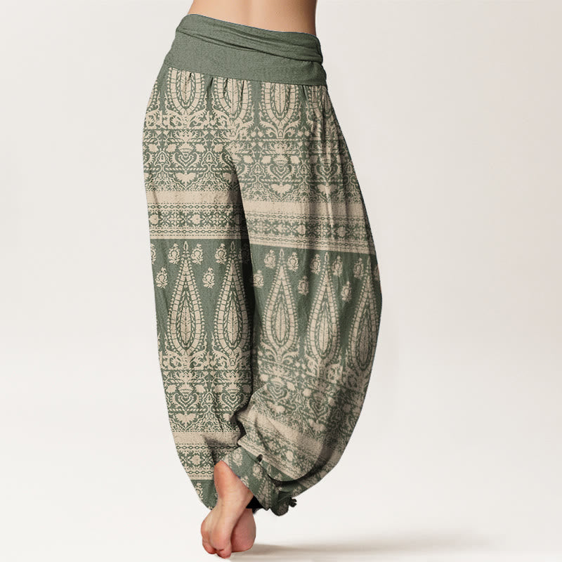 Buddha Stones Damen Haremshose aus reiner Baumwolle mit Federstreifen-Design und elastischer Taille
