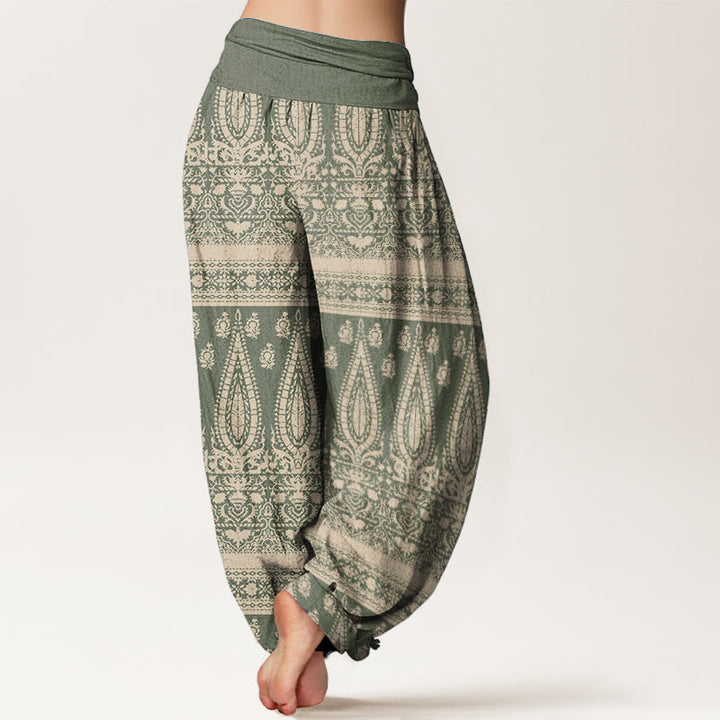 Buddha Stones Damen Haremshose aus reiner Baumwolle mit Federstreifen-Design und elastischer Taille