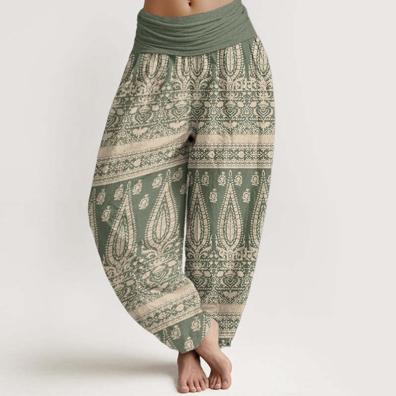 Buddha Stones Damen Haremshose aus reiner Baumwolle mit Federstreifen-Design und elastischer Taille