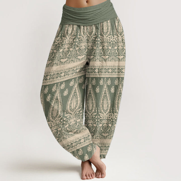 Buddha Stones Damen Haremshose aus reiner Baumwolle mit Federstreifen-Design und elastischer Taille