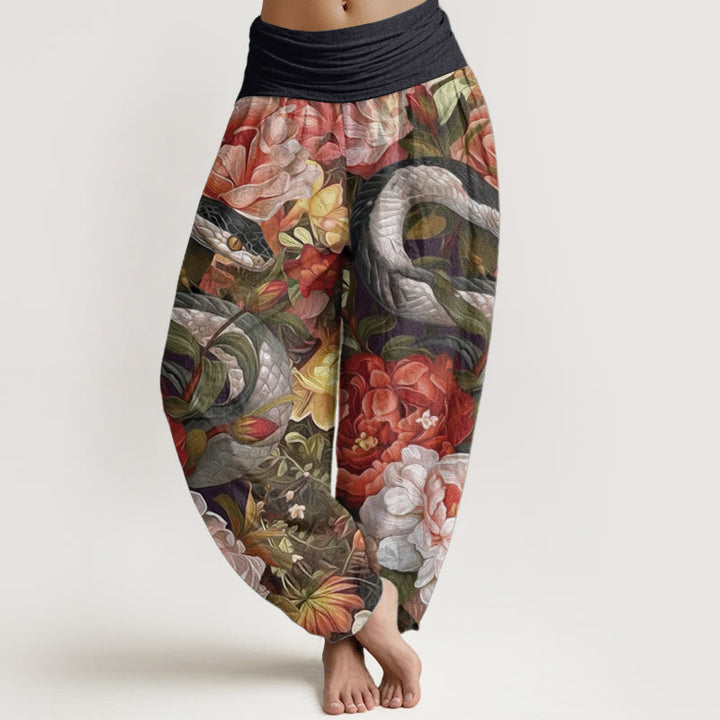 Buddha Stones Damen Haremshose aus reiner Baumwolle mit Schlangen- und Pfingstrosen-Blumen-Blattmuster und elastischer Taille