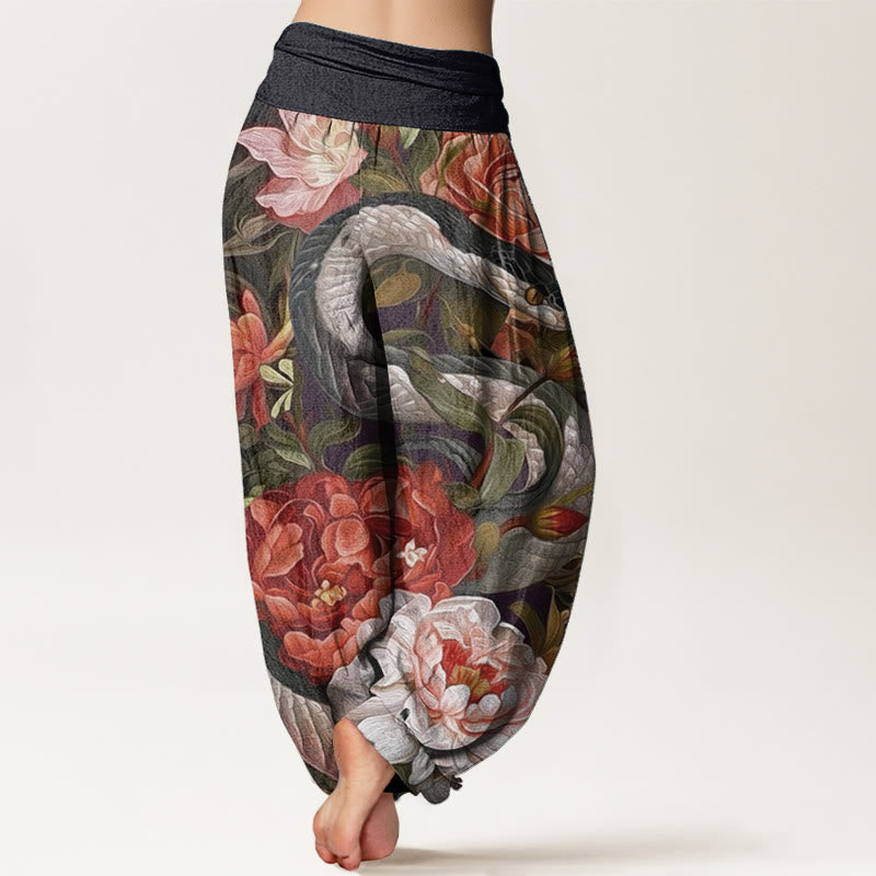 Buddha Stones Damen Haremshose aus reiner Baumwolle mit Schlangen- und Pfingstrosen-Blumen-Blattmuster und elastischer Taille