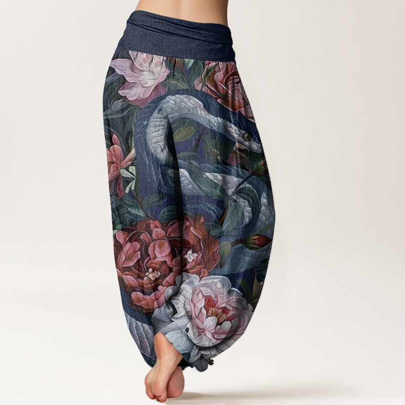 Buddha Stones Damen Haremshose aus reiner Baumwolle mit Schlangen- und Pfingstrosen-Blumen-Blattmuster und elastischer Taille