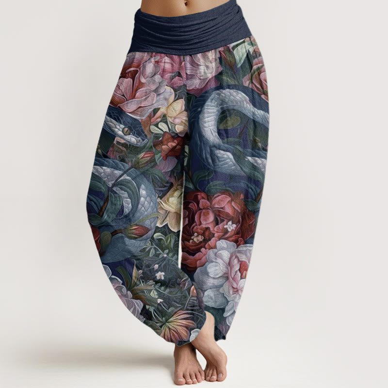Buddha Stones Damen Haremshose aus reiner Baumwolle mit Schlangen- und Pfingstrosen-Blumen-Blattmuster und elastischer Taille