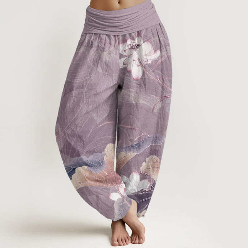 Buddha Stones Damen-Haremshose aus reiner Baumwolle mit Lotusblumen- und Blättermuster und elastischer Taille