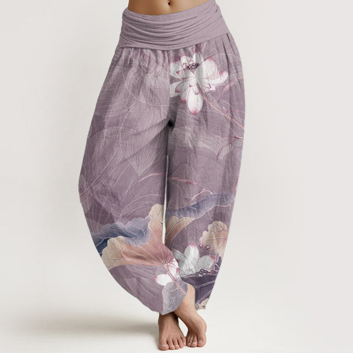 Buddha Stones Damen-Haremshose aus reiner Baumwolle mit Lotusblumen- und Blättermuster und elastischer Taille