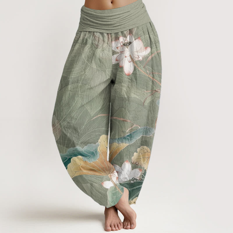 Buddha Stones Damen-Haremshose aus reiner Baumwolle mit Lotusblumen- und Blättermuster und elastischer Taille
