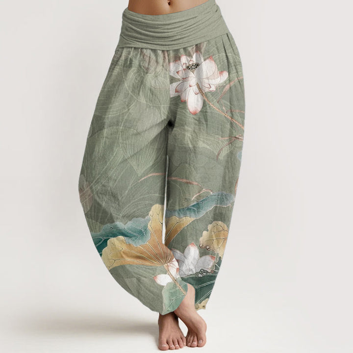 Buddha Stones Damen-Haremshose aus reiner Baumwolle mit Lotusblumen- und Blättermuster und elastischer Taille