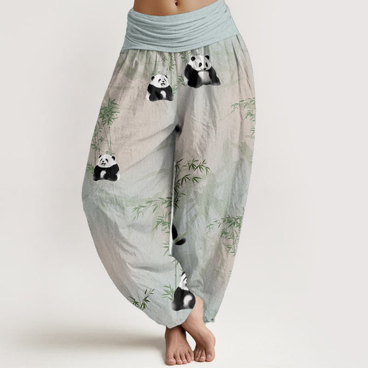 Buddha Stones Damen-Haremshose aus reiner Baumwolle mit Panda- und Bambus-Muster und elastischer Taille