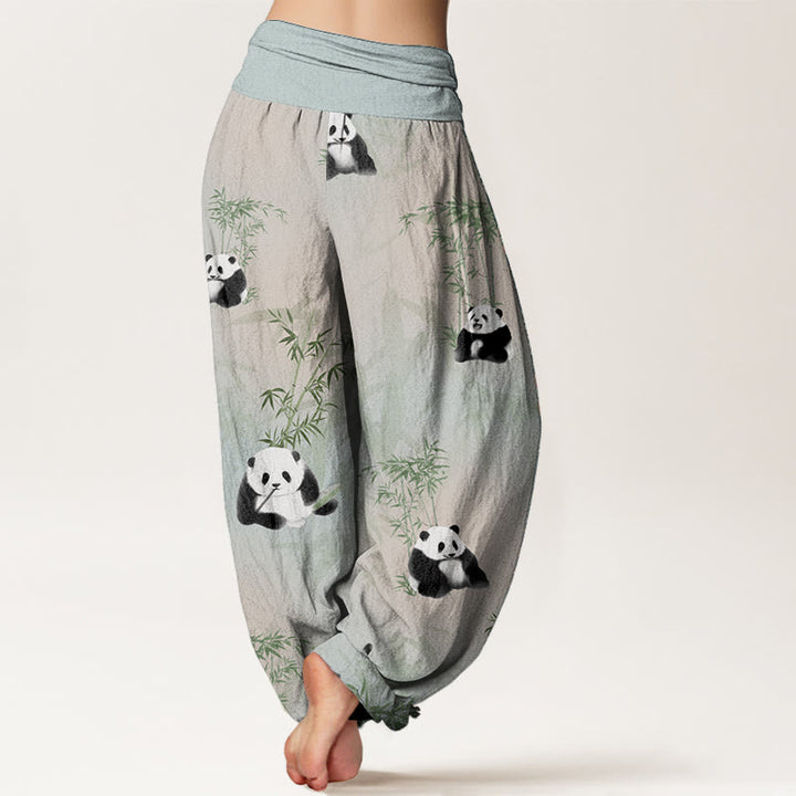 Buddha Stones Damen-Haremshose aus reiner Baumwolle mit Panda- und Bambus-Muster und elastischer Taille