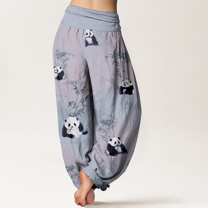 Buddha Stones Damen-Haremshose aus reiner Baumwolle mit Panda- und Bambus-Muster und elastischer Taille