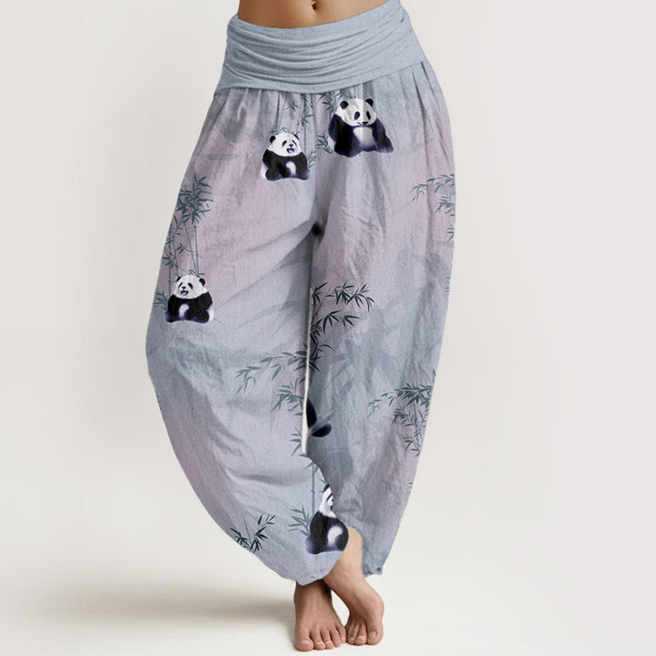 Buddha Stones Damen-Haremshose aus reiner Baumwolle mit Panda- und Bambus-Muster und elastischer Taille