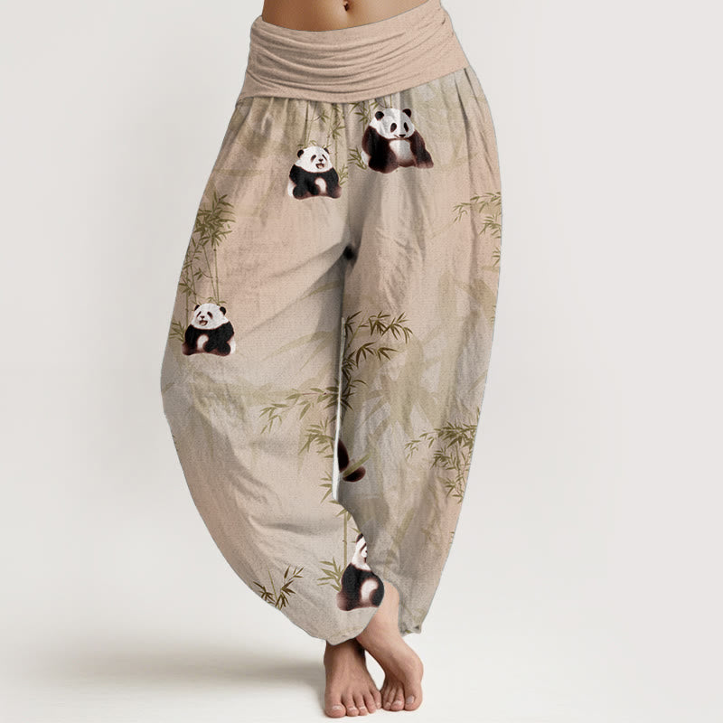 Buddha Stones Damen-Haremshose aus reiner Baumwolle mit Panda- und Bambus-Muster und elastischer Taille