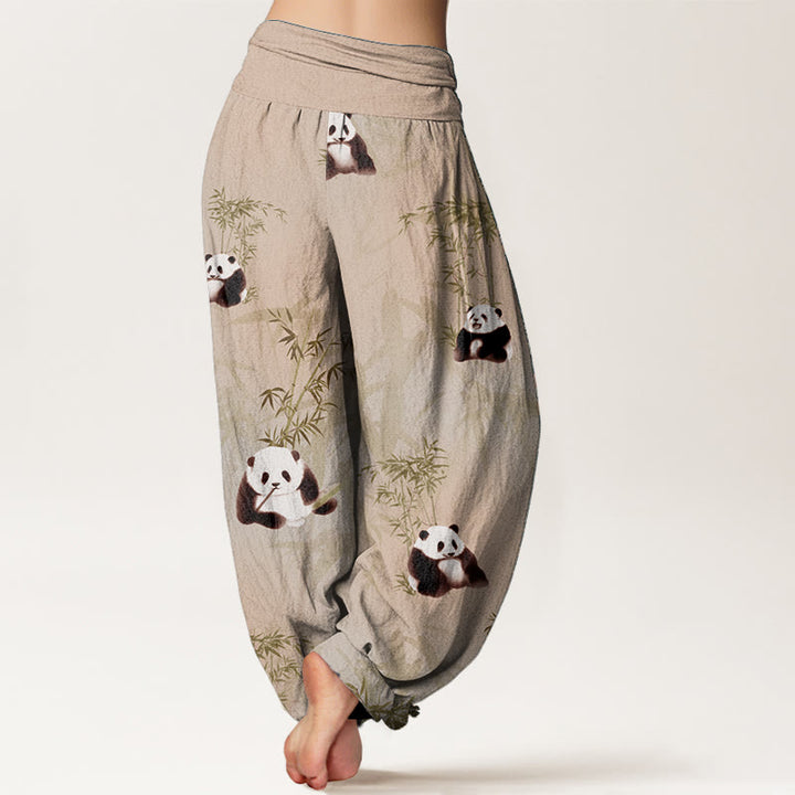 Buddha Stones Damen-Haremshose aus reiner Baumwolle mit Panda- und Bambus-Muster und elastischer Taille