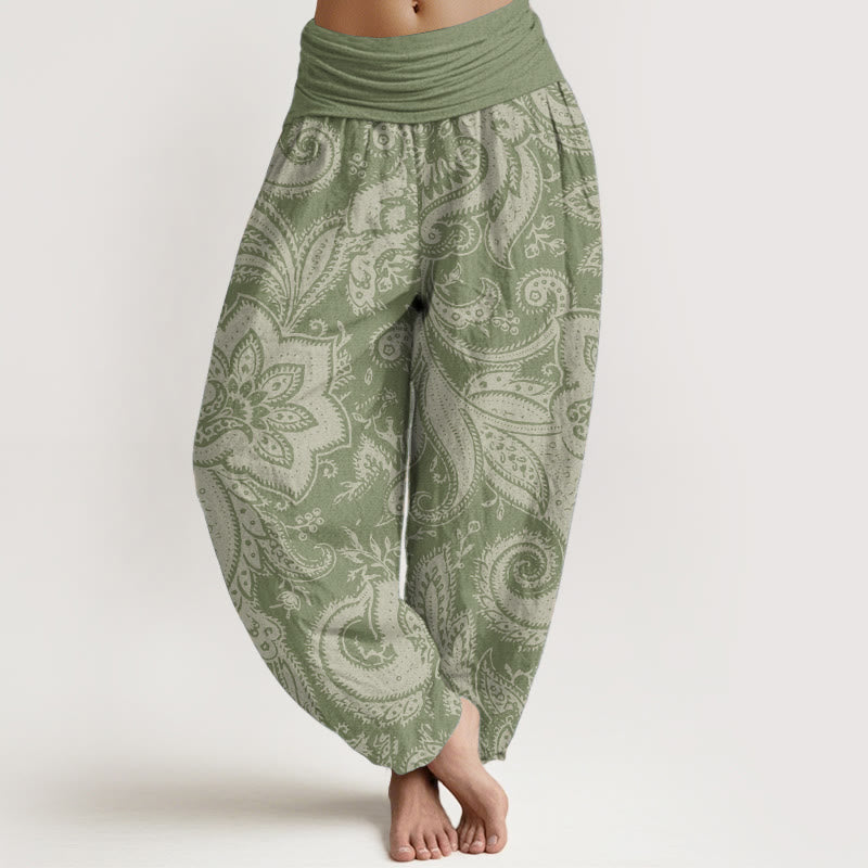 Buddha Stones Damen-Haremshose aus reiner Baumwolle mit Blumen und Paisley-Muster und elastischer Taille