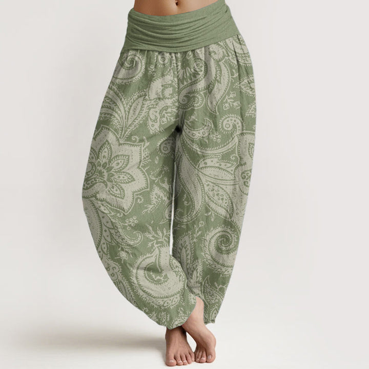 Buddha Stones Damen-Haremshose aus reiner Baumwolle mit Blumen und Paisley-Muster und elastischer Taille