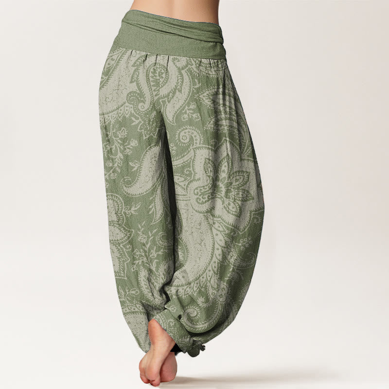 Buddha Stones Damen-Haremshose aus reiner Baumwolle mit Blumen und Paisley-Muster und elastischer Taille