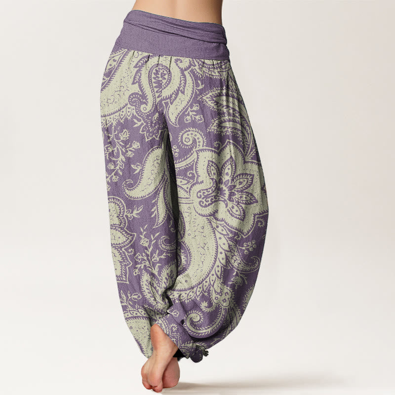 Buddha Stones Damen-Haremshose aus reiner Baumwolle mit Blumen und Paisley-Muster und elastischer Taille