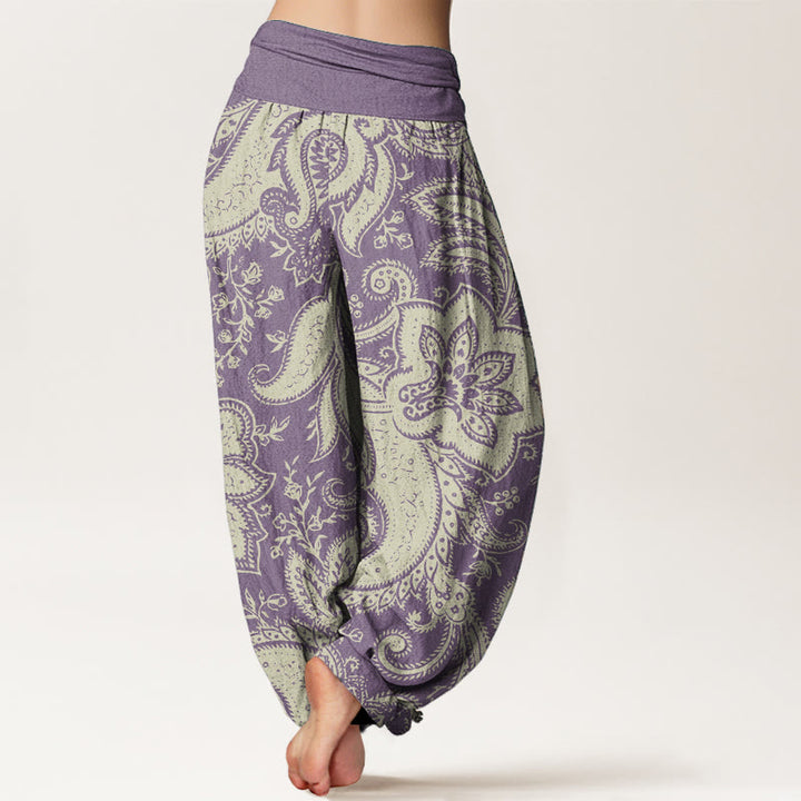 Buddha Stones Damen-Haremshose aus reiner Baumwolle mit Blumen und Paisley-Muster und elastischer Taille