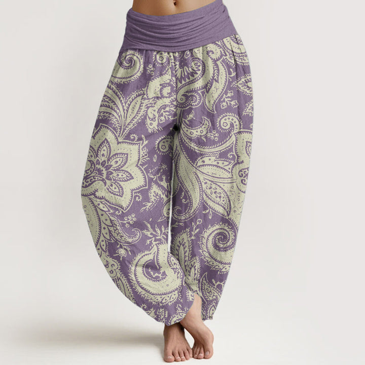 Buddha Stones Damen-Haremshose aus reiner Baumwolle mit Blumen und Paisley-Muster und elastischer Taille
