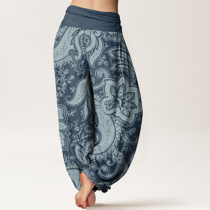 Buddha Stones Damen-Haremshose aus reiner Baumwolle mit Blumen und Paisley-Muster und elastischer Taille