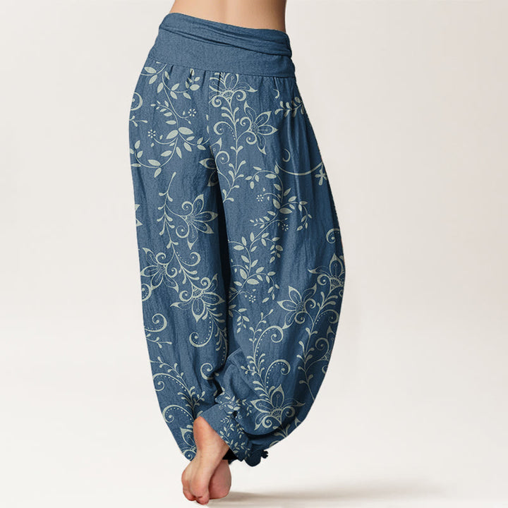 Buddha Stones Damen-Haremshose aus reiner Baumwolle mit Blumenranken-Design und elastischer Taille