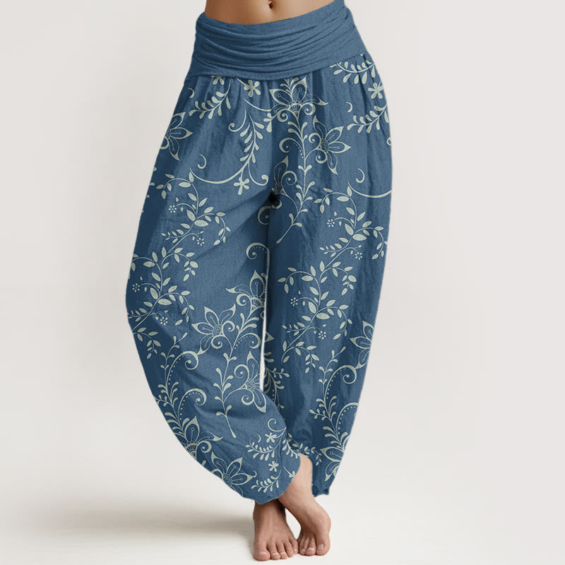 Buddha Stones Damen-Haremshose aus reiner Baumwolle mit Blumenranken-Design und elastischer Taille - Kornblumenblau - US22, UK/AU26, EU54 (6XL) - image 0
