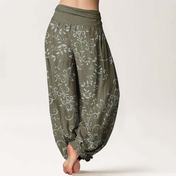Buddha Stones Damen-Haremshose aus reiner Baumwolle mit Blumenranken-Design und elastischer Taille
