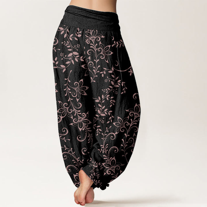 Buddha Stones Damen-Haremshose aus reiner Baumwolle mit Blumenranken-Design und elastischer Taille